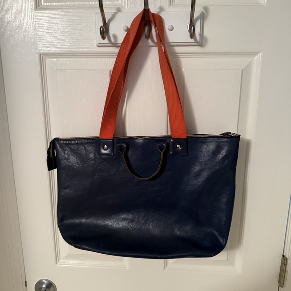 CLARE V. Le Zip Tote Bag Pacific Rustic Blue Orange Leather Purse Overnight Bag - Picture 15 of 16